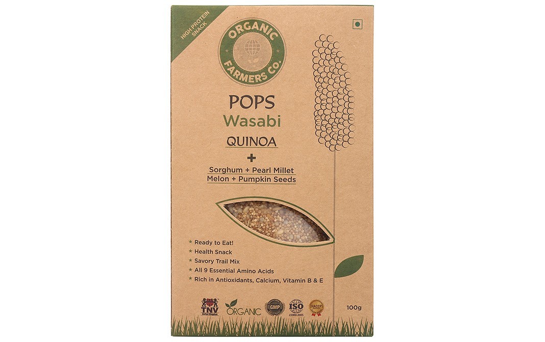Organic Farmers Co. Pops Wasabi Quinoa + Sorghum, Pearl Millet Melon, Pumpkin Seeds   Box  100 grams